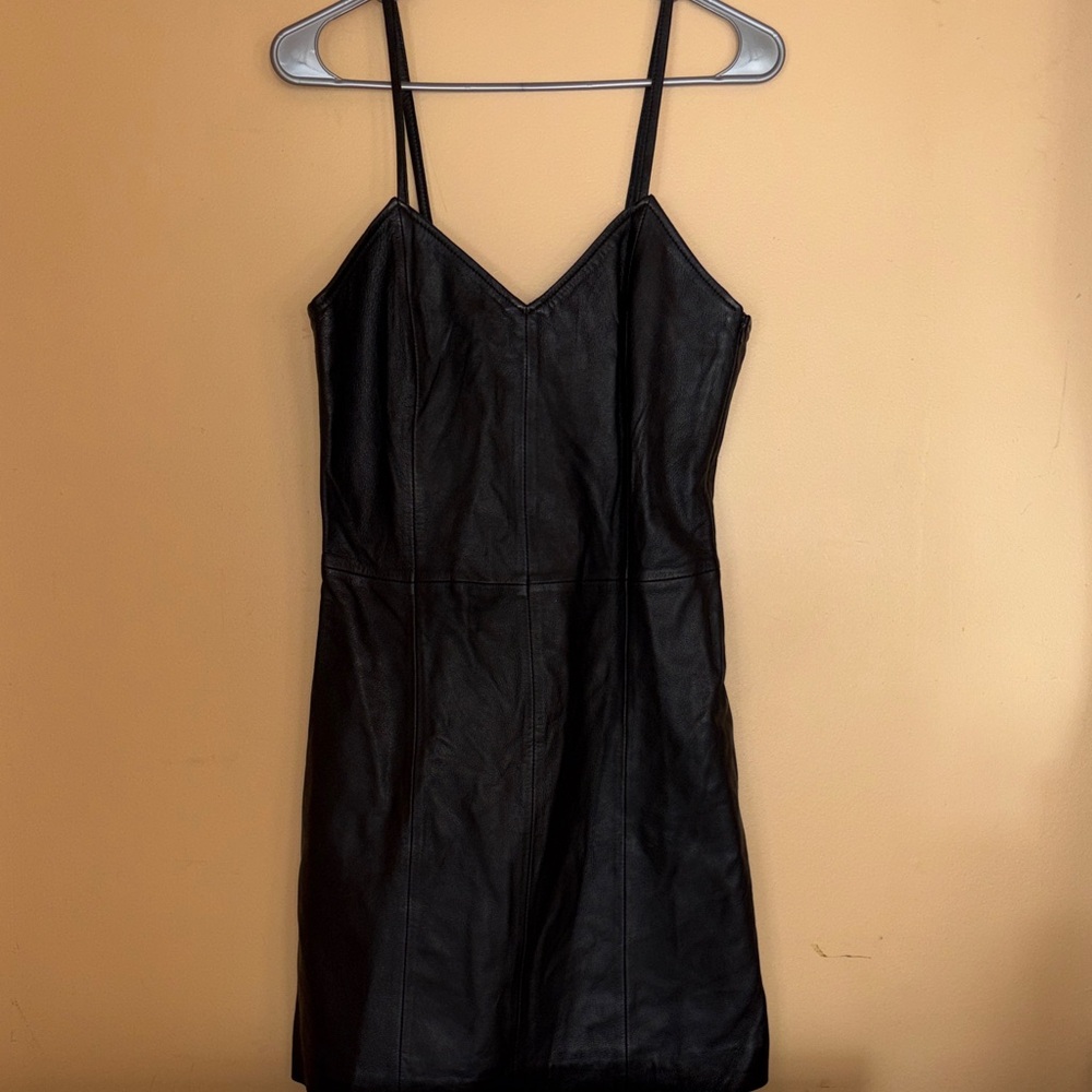 Muubaa Black Leather Mini Dress with Spaghetti Straps